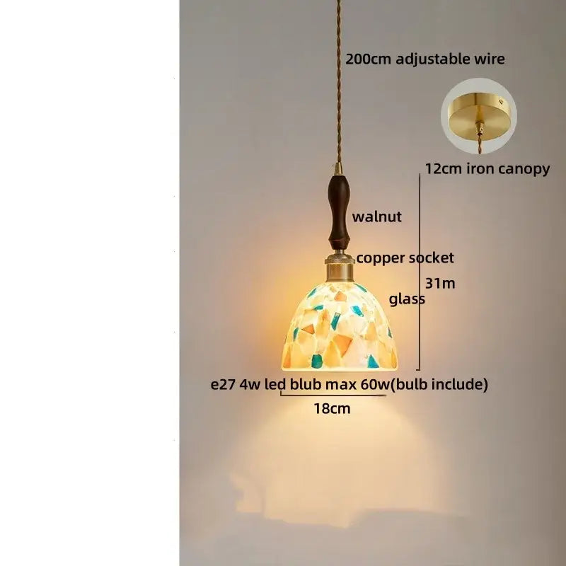 Colorful glass shell led pendant lamp with mosaic yellow green blue glass and walnut handle for dining room decorbites colorful glass