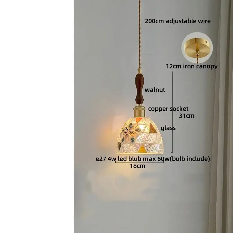 Decorbites colorful glass shell led pendant lamp with floral mosaic design and walnut handle for dining room decor