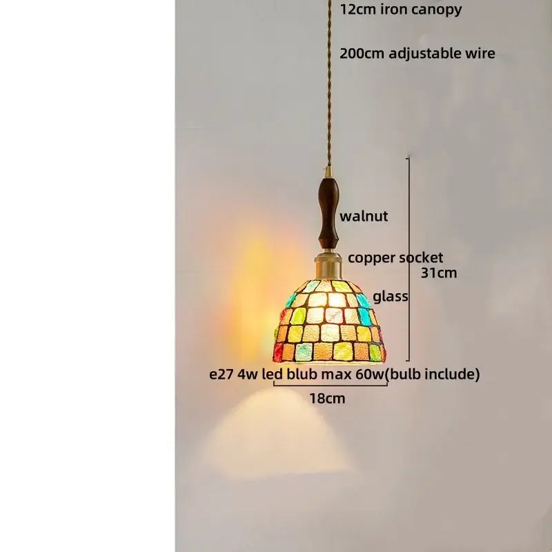 Colorful glass shell led pendant lamp with walnut-finished iron canopy and copper socket for dining room decorbites colorful glass