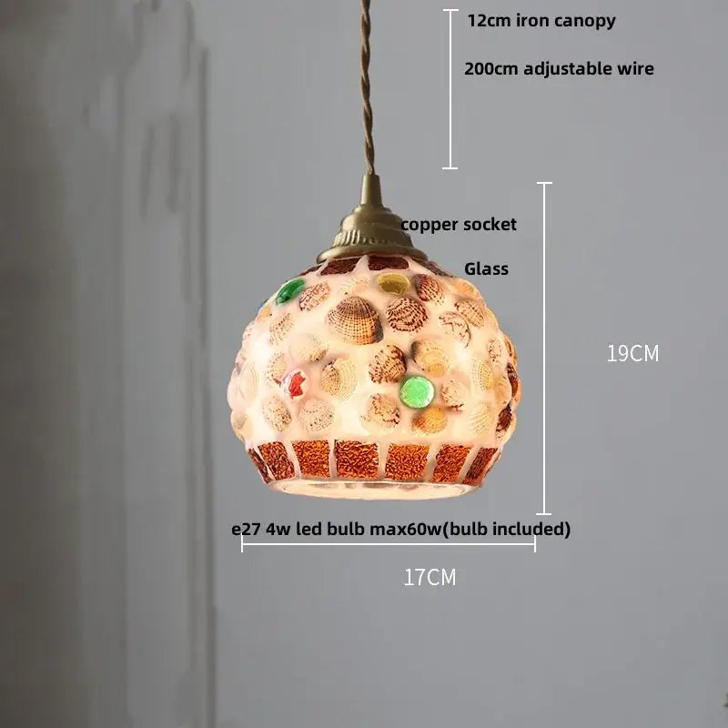 Colorful glass shell led pendant lamp with natural seashell mosaic and antique brass copper socket for dining room decorbites colorful glass