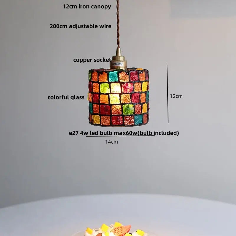 Colorful glass shell led pendant lamp with cylindrical mosaic glass panels in vibrant red yellow green and blue decorbites colorful glass