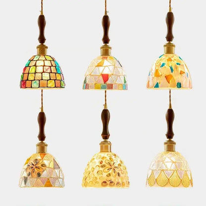 Six colorful glass shell led pendant lamps with mosaic glass, wooden, and brass accents for dining room decorbites colorful glass lighting