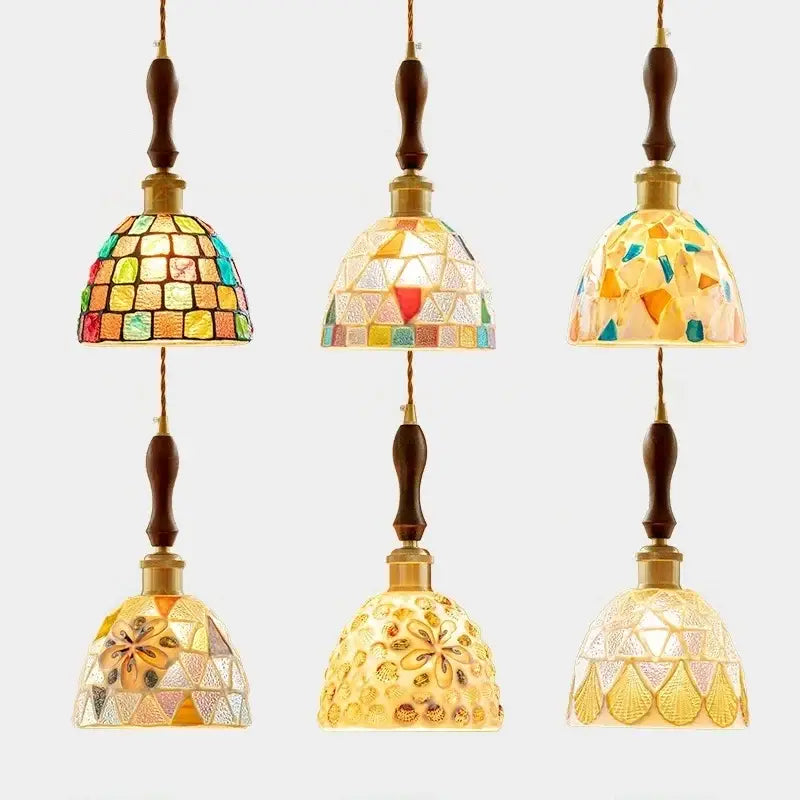 Six colorful glass shell led pendant lamps with mosaic glass, wooden, and brass accents for dining room decorbites colorful glass lighting