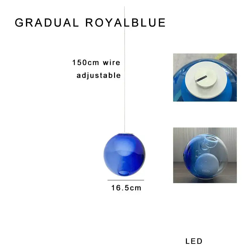 A sleek 16.5cm royal blue gradient colorful glaze glass pendant light with led bulb and adjustable 150cm wire decorbites colorful glaze