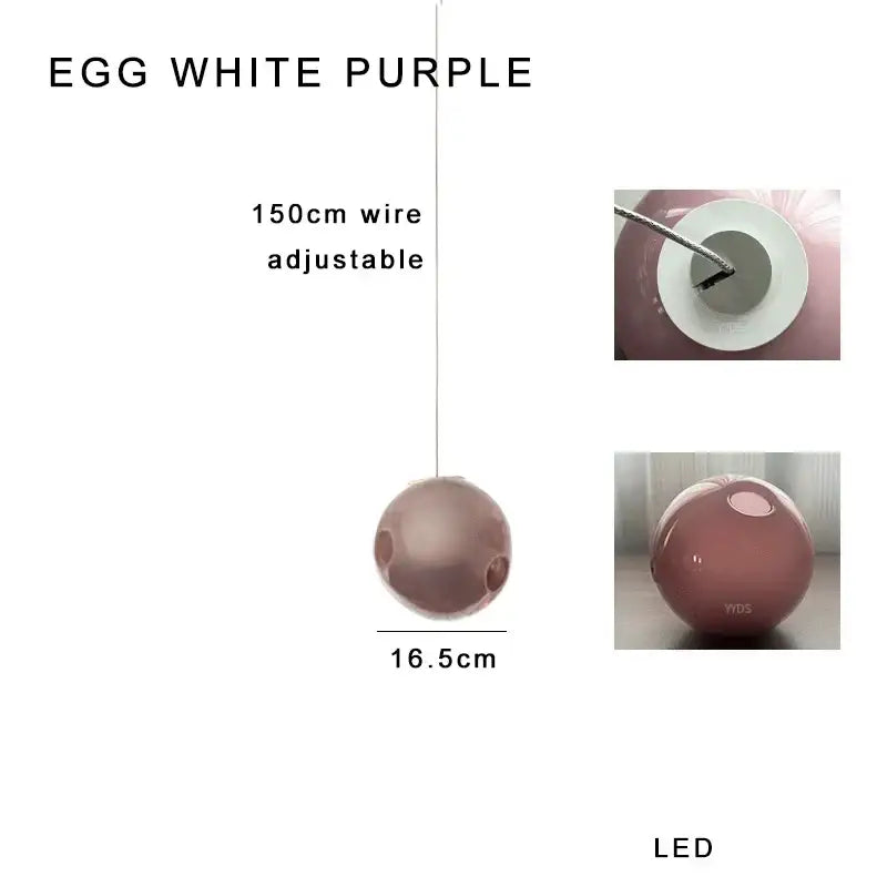 A sleek translucent egg white purple spherical colorful glaze glass pendant light with 150cm wire and ventilation holes