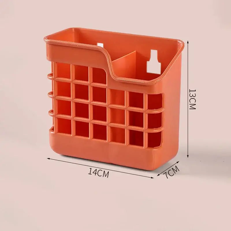 Orange plastic kitchen cutlery storage holder with grid pattern and bottle compartment for decorbites kitchen cutlery