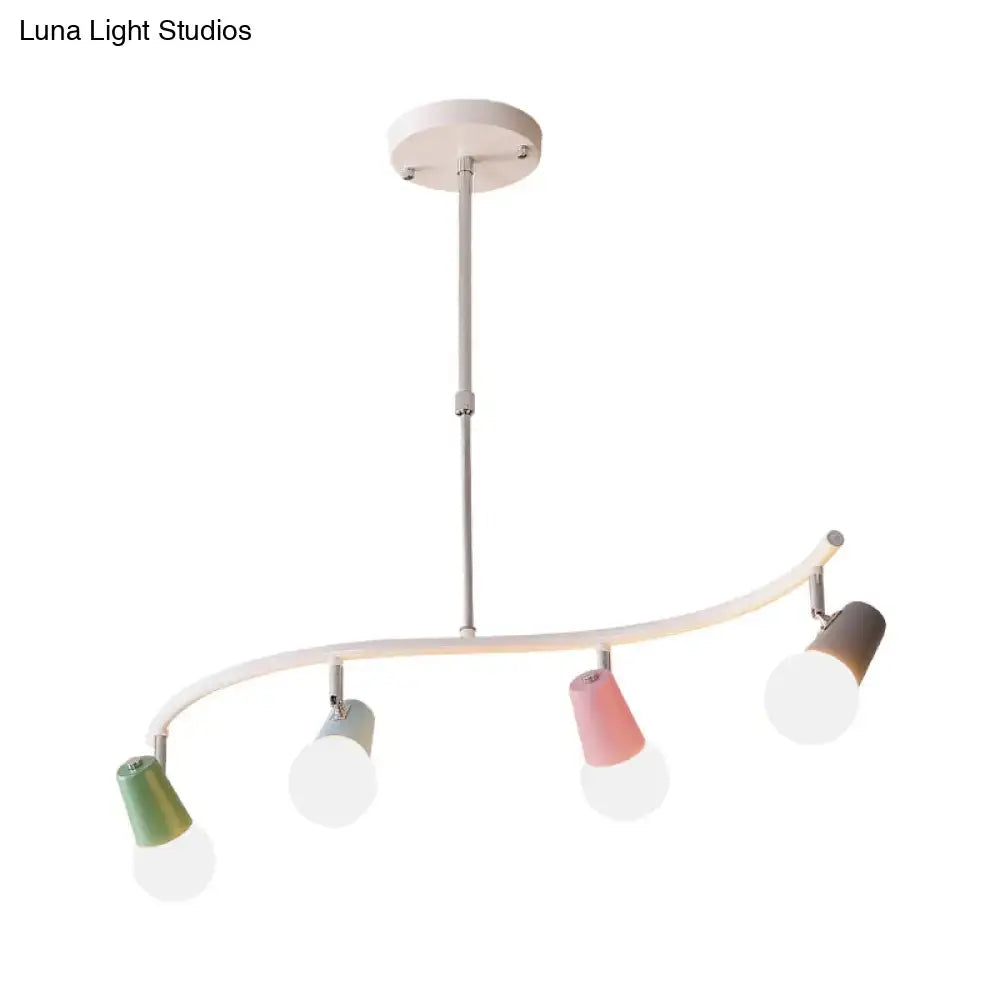 Modern curved pendant light with four adjustable pastel green blue and pink spotlights for iron wave island lighting