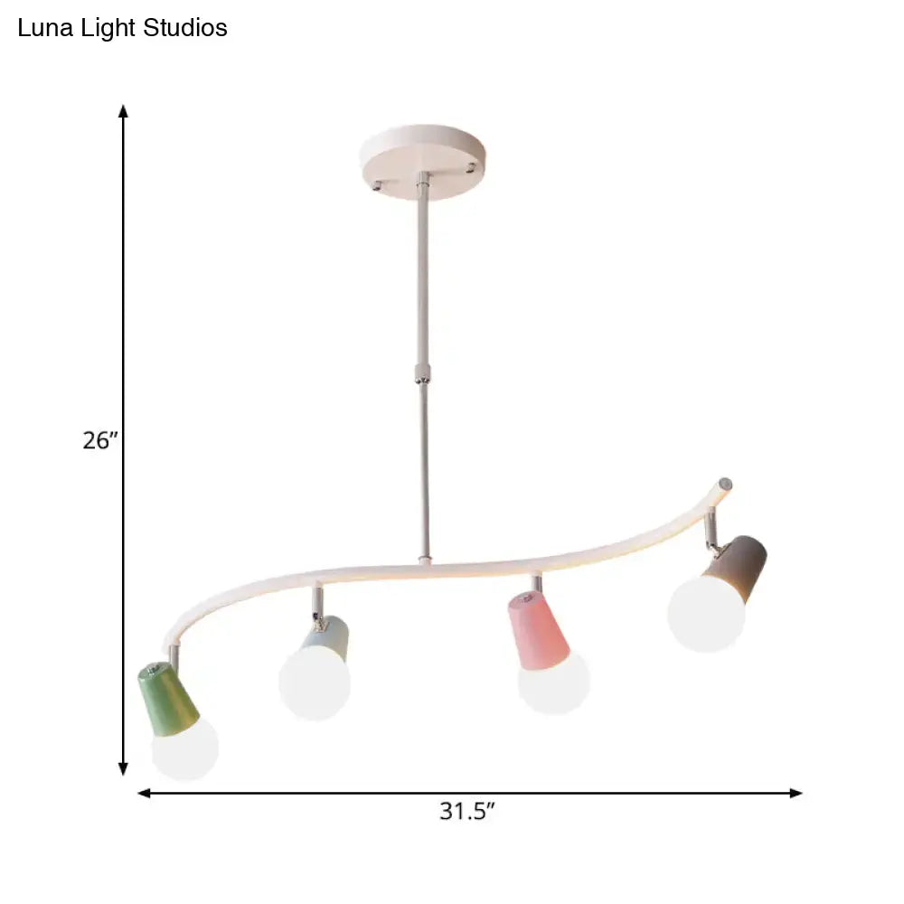 Modern curved colorful horn swivel pendant light with four adjustable spotlights in pastel shades for iron wave island lighting