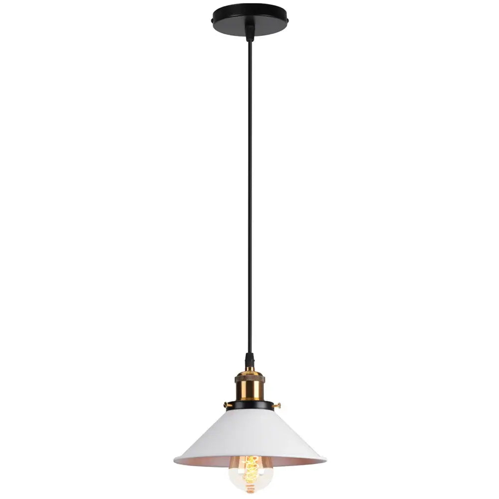White enamel pendant light with black ceiling mount and brass accents for decorbites colorful industrial loft kitchen decor