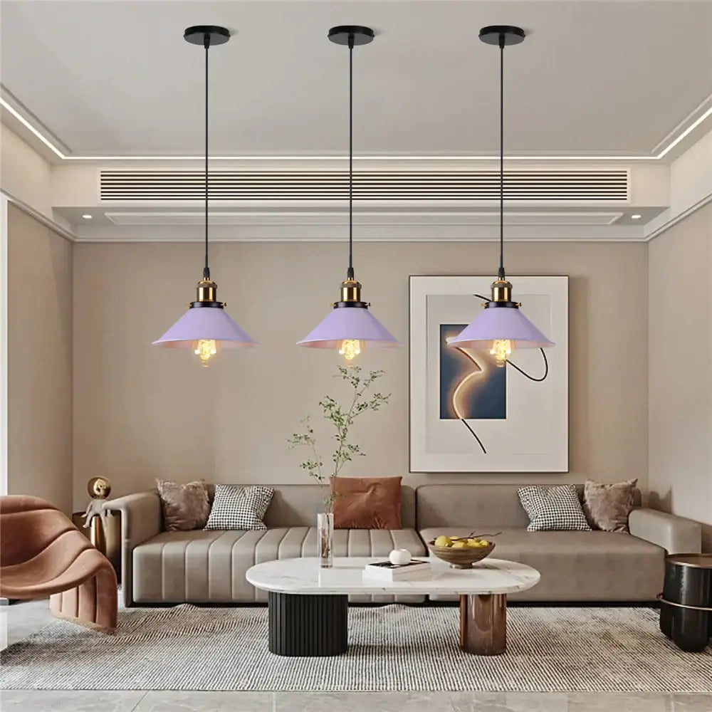 Three lavender glass pendant lights with brass finish fixtures for colorful industrial loft decorbites pendant light kitchen use