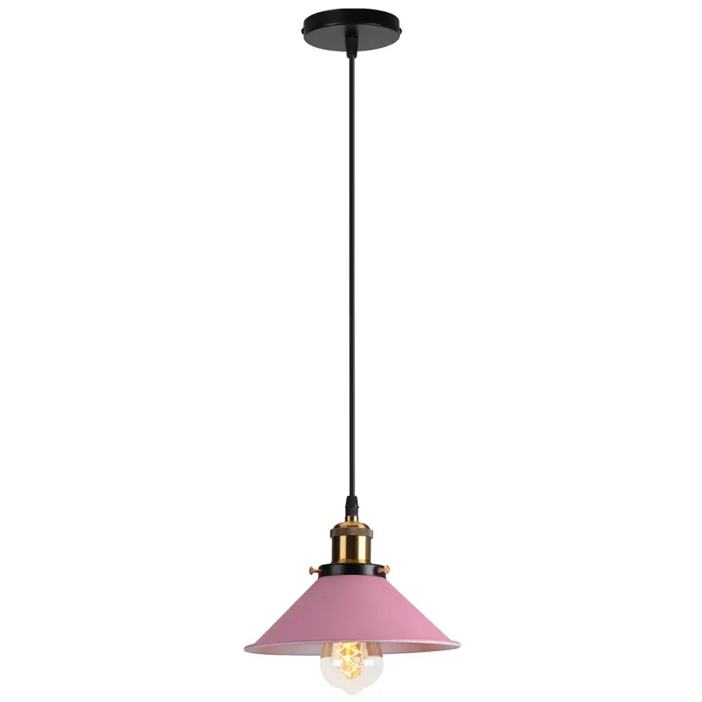 Pink metal pendant light with brass accent and exposed bulb from decorbites colorful industrial loft collection