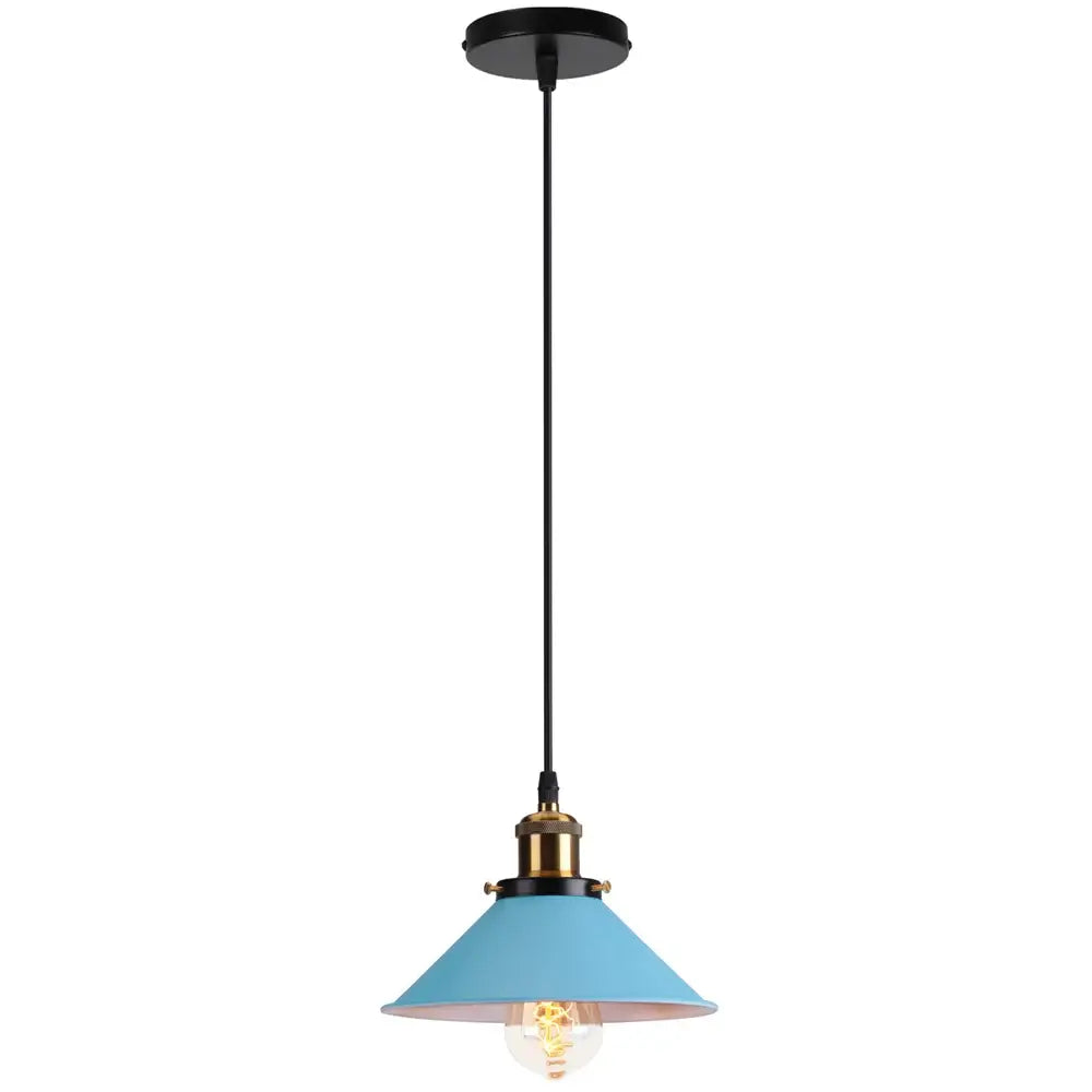 Vintage-style decorbites colorful industrial pendant light with matte blue cone shade brass accents and exposed bulb