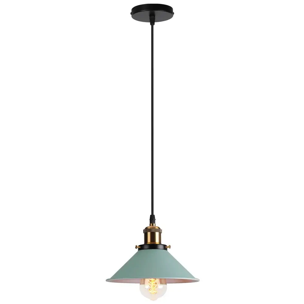 Vintage style pendant light with matte sage green metal shade brass accents and exposed edison bulb in colorful industrial loft decorbites design