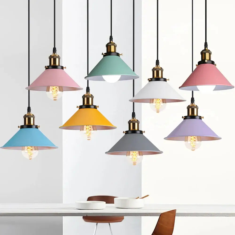 Colorful industrial loft pendant light with cone-shaped lamps brass finish and exposed filament bulbs for kitchen decorbites