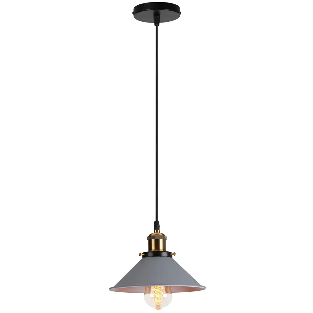 Colorful industrial loft pendant light with matte gray metal shade, brass finish, and exposed Edison bulb by decorbites
