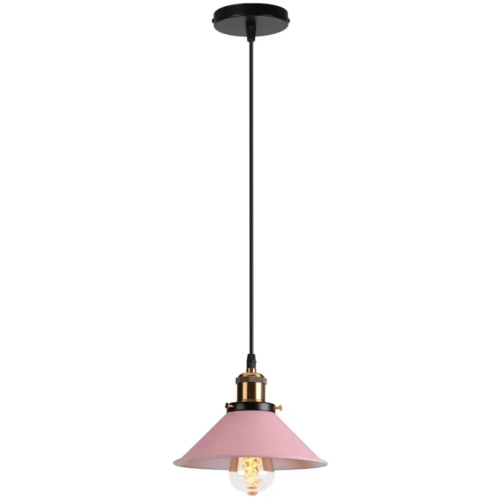 Pink metal pendant light with black ceiling mount and cord from decorbites colorful industrial loft kitchen cone lamp brass finish