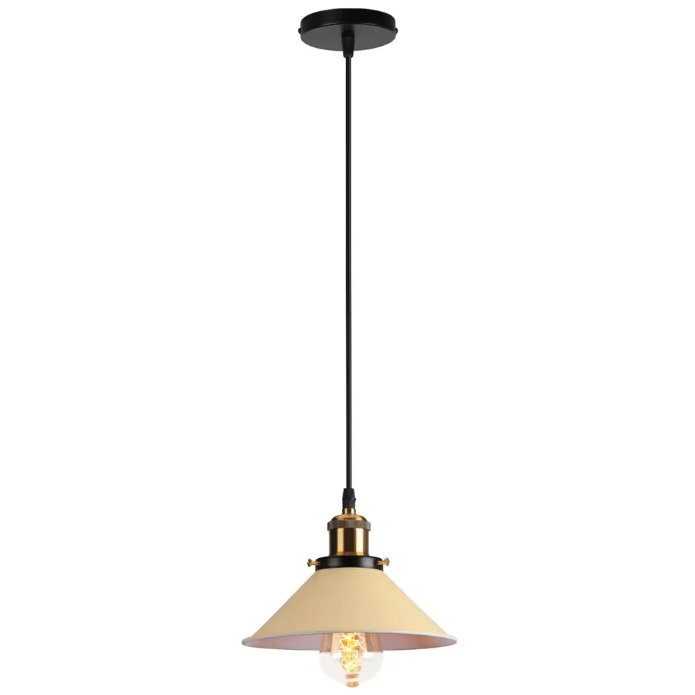 Black pendant light with beige conical shade and brass accents from decorbites colorful industrial loft collection