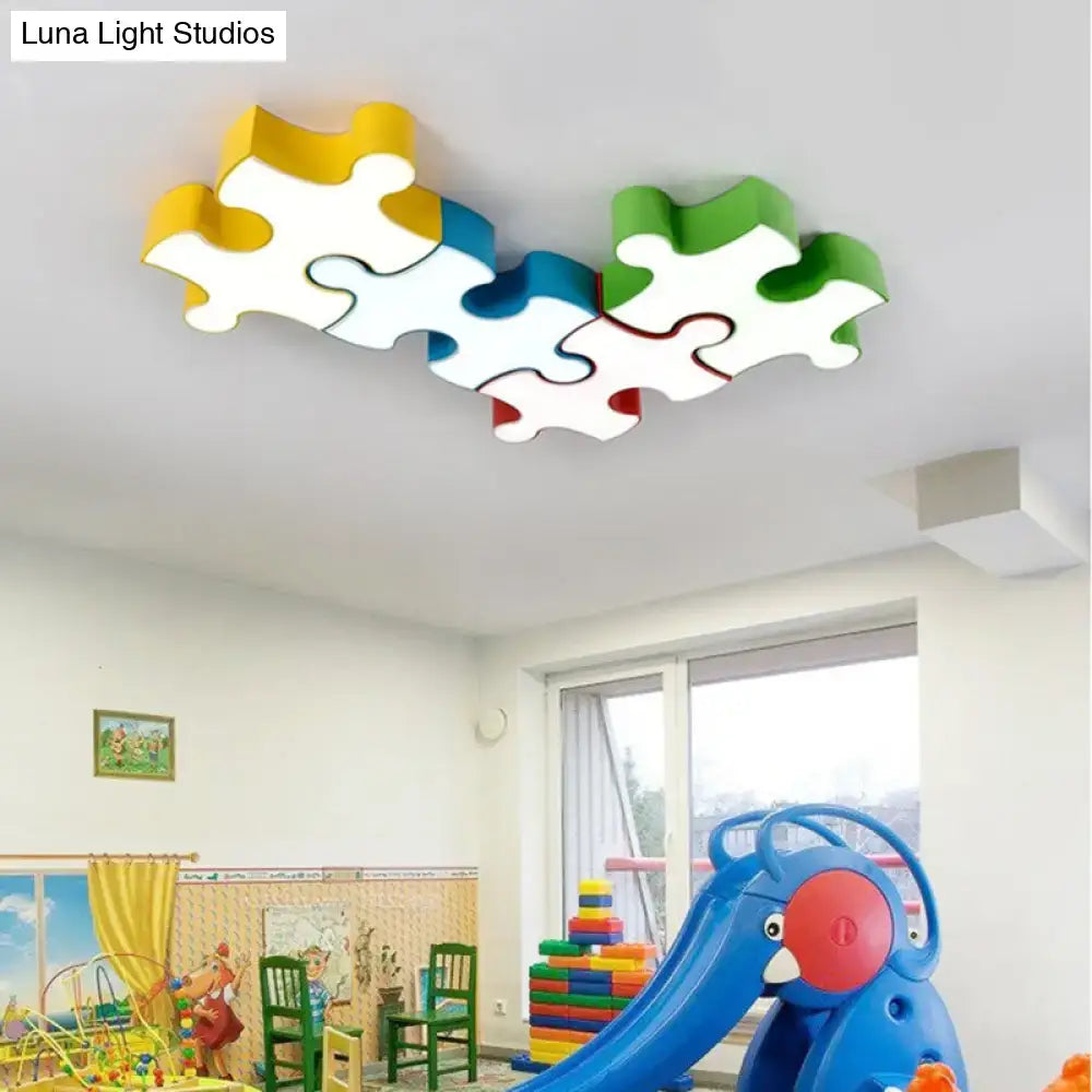 Colorful red yellow and white jigsaw puzzles ceiling flush acrylic led light fixture for kids by decorbites