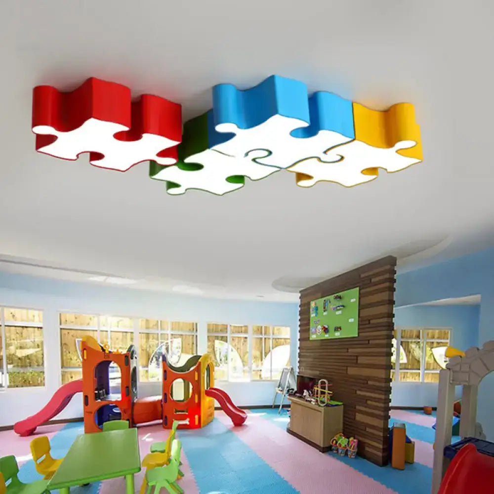 Decorbites kids style jigsaw puzzles ceiling flush light in red yellow acrylic led with colorful puzzle-piece design