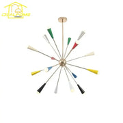 A vibrant colorful led molecular chandelier with brass fixture and multi-colored conical shades for living room decorbites colorful led