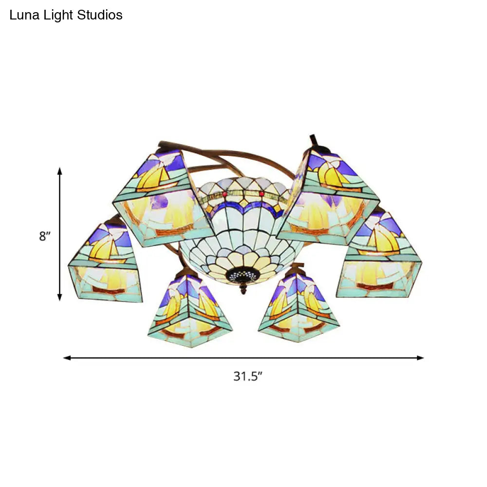 Colorful Lodge Geometric Chandelier Light: Stained Glass Inverted Yellow and Blue Pendant for Living Room