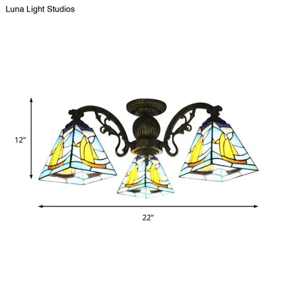 Colorful Lodge Geometric Chandelier Light: Stained Glass Inverted Yellow and Blue Pendant for Living Room