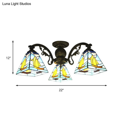 Colorful Lodge Geometric Chandelier Light: Stained Glass Inverted Yellow and Blue Pendant for Living Room