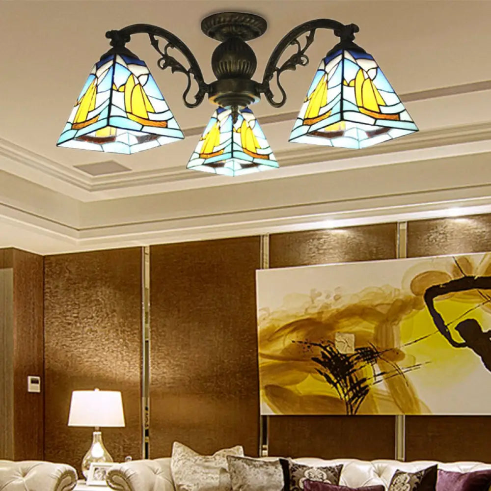 Colorful Lodge Geometric Chandelier Light: Stained Glass Inverted Yellow and Blue Pendant for Living Room