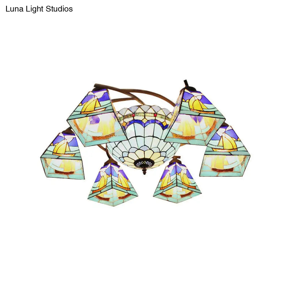 Colorful Lodge Geometric Chandelier Light: Stained Glass Inverted Yellow and Blue Pendant for Living Room