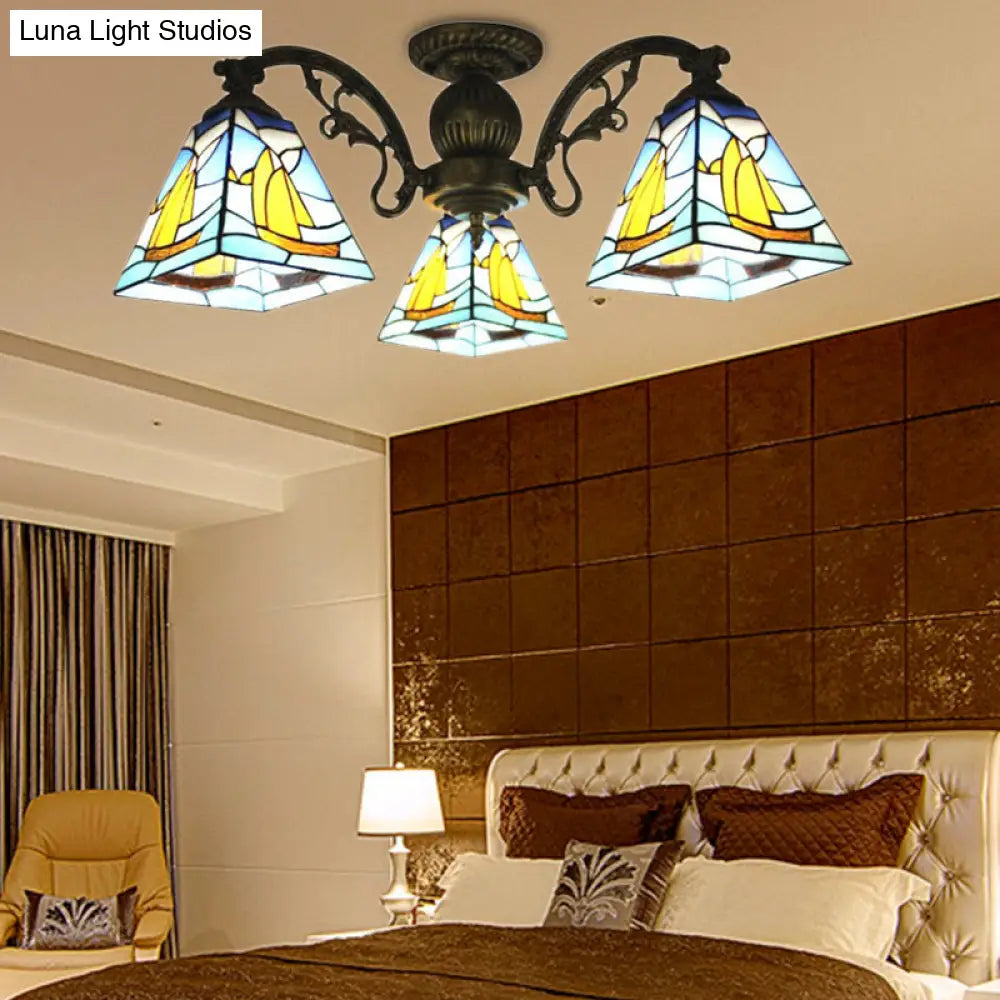 Colorful Lodge Geometric Chandelier Light: Stained Glass Inverted Yellow and Blue Pendant for Living Room