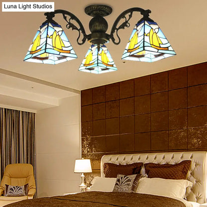 Colorful Lodge Geometric Chandelier Light: Stained Glass Inverted Yellow and Blue Pendant for Living Room