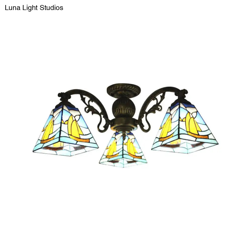 Colorful Lodge Geometric Chandelier Light: Stained Glass Inverted Yellow and Blue Pendant for Living Room