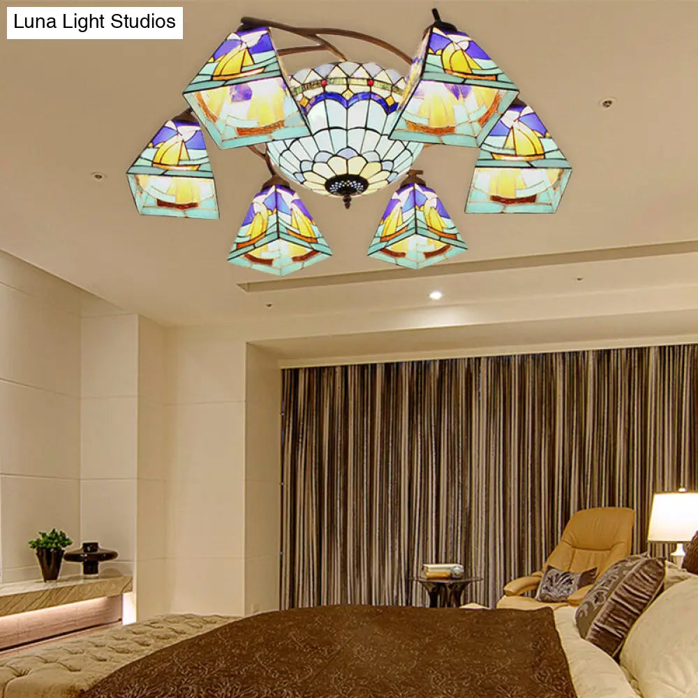 Colorful Lodge Geometric Chandelier Light: Stained Glass Inverted Yellow and Blue Pendant for Living Room