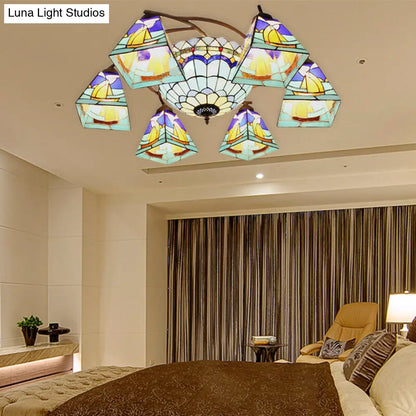 Colorful Lodge Geometric Chandelier Light: Stained Glass Inverted Yellow and Blue Pendant for Living Room