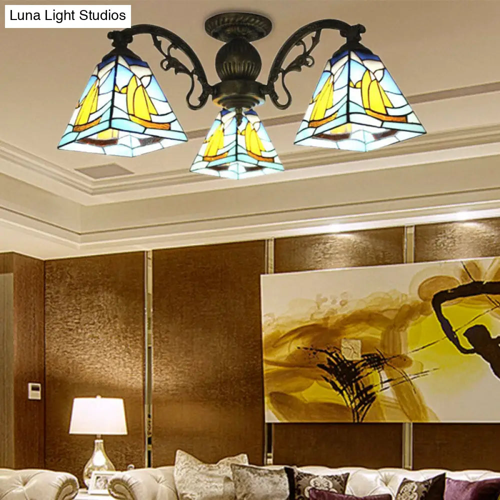 Colorful Lodge Geometric Chandelier Light: Stained Glass Inverted Yellow and Blue Pendant for Living Room