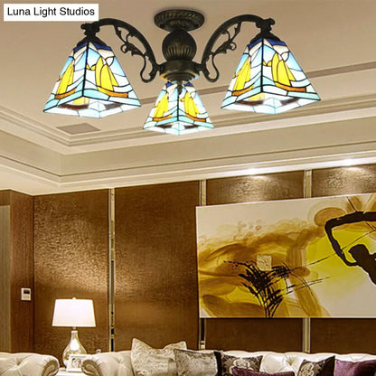 Colorful Lodge Geometric Chandelier Light: Stained Glass Inverted Yellow and Blue Pendant for Living Room