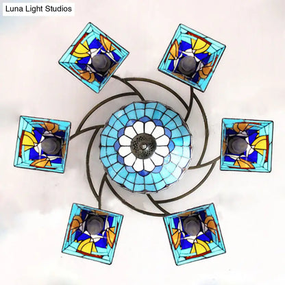 Colorful Lodge Geometric Chandelier Light: Stained Glass Inverted Yellow and Blue Pendant for Living Room