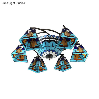 Colorful Lodge Geometric Chandelier Light: Stained Glass Inverted Yellow and Blue Pendant for Living Room