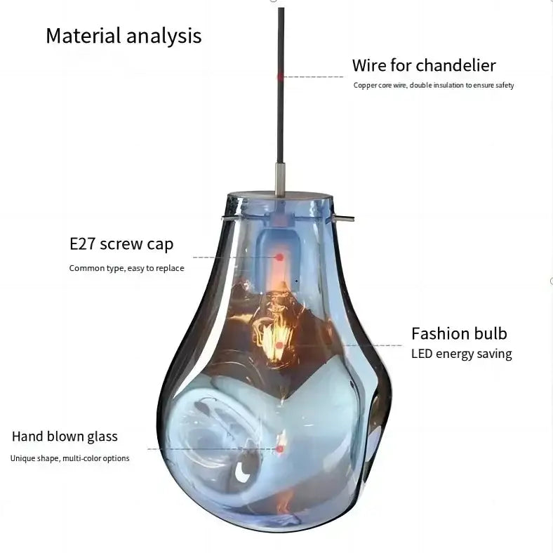 Translucent blue hand-blown glass pendant light with e27 screw cap and led bulb for colorful modern glass chandelier decorbites