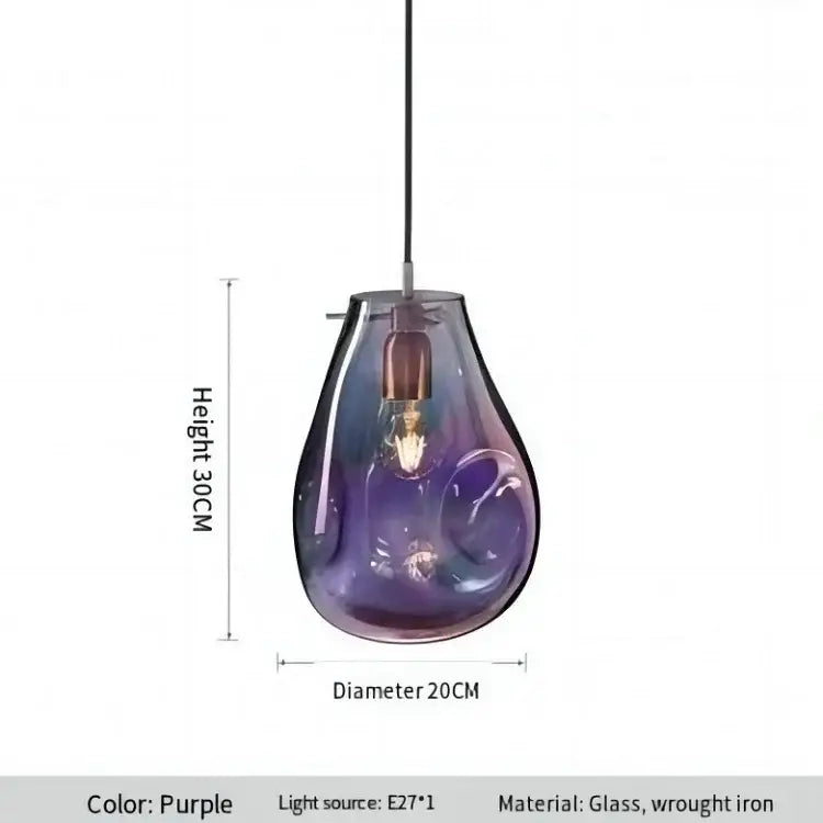 A colorful modern glass chandelier purple gradient glass pendant light with wrought iron fixture for dining room decor