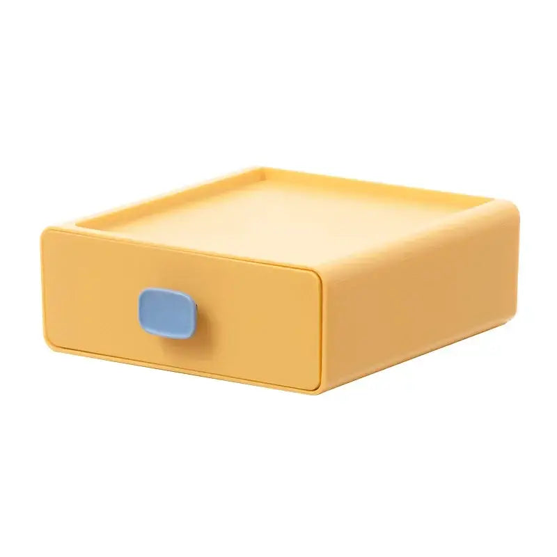 Yellow plastic storage box with light blue handle for decorbites desktop cosmetic storage and bedroom organizer