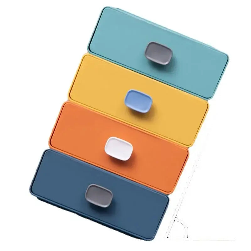 Colorful multi drawer desktop cosmetic storage box with teal yellow orange and navy blue matte plastic lids decorbites desktop cosmetic storage