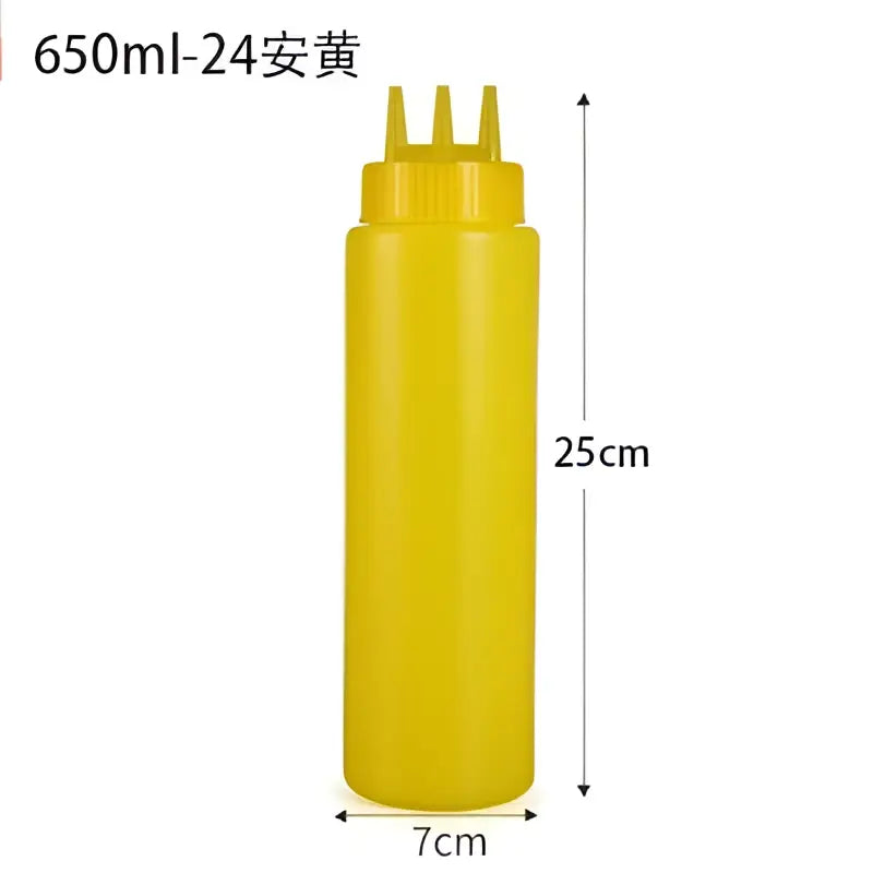 Yellow plastic decorbites condiment squeeze bottle with three spouts 650ml capacity for kitchen use