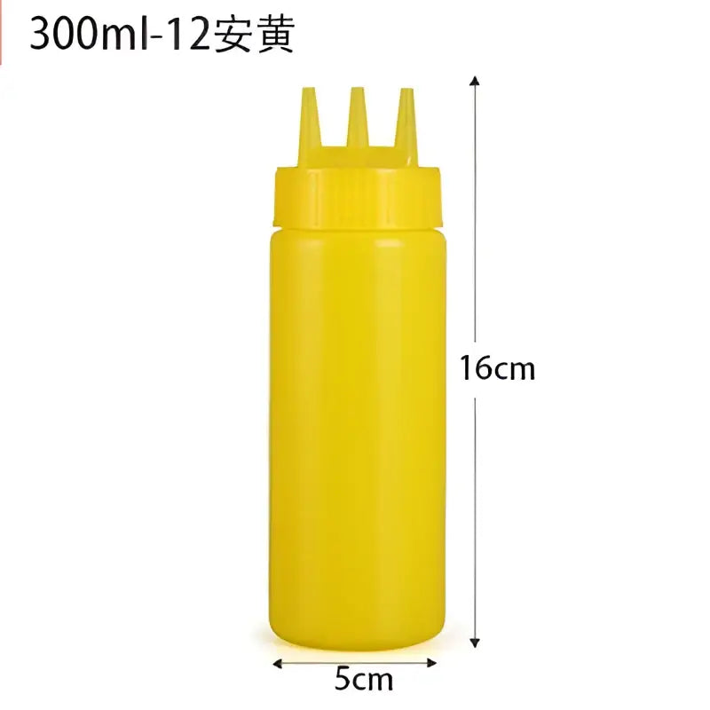 Yellow plastic decorbites condiment squeeze bottle with three prong cap from colorful squeeze bottle set