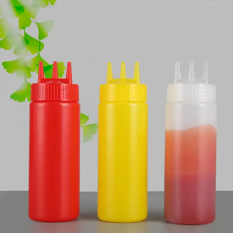 Colorful multi prong condiment squeeze bottle set with red yellow and clear plastic bottles for kitchen use decorbites condiment squeeze