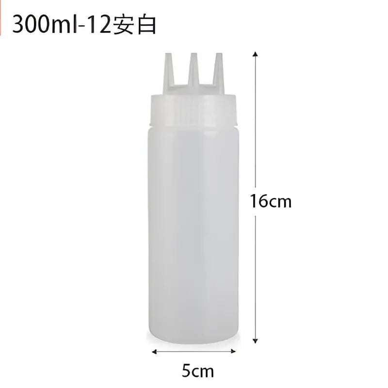 Clear plastic condiment squeeze bottle set with three nozzles and 300ml capacity for decorbites kitchen use