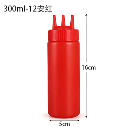 Red plastic decorbites condiment squeeze bottle with three pointed nozzles and ribbed cap 300ml squeeze bottle set