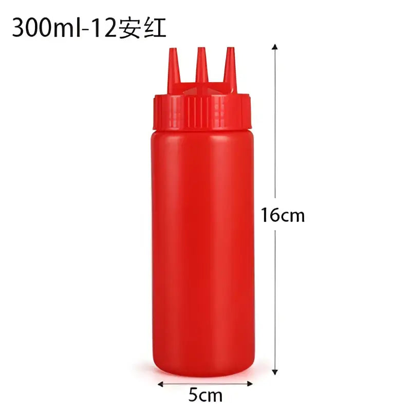 Red plastic decorbites condiment squeeze bottle with three pointed nozzles and ribbed cap 300ml squeeze bottle set