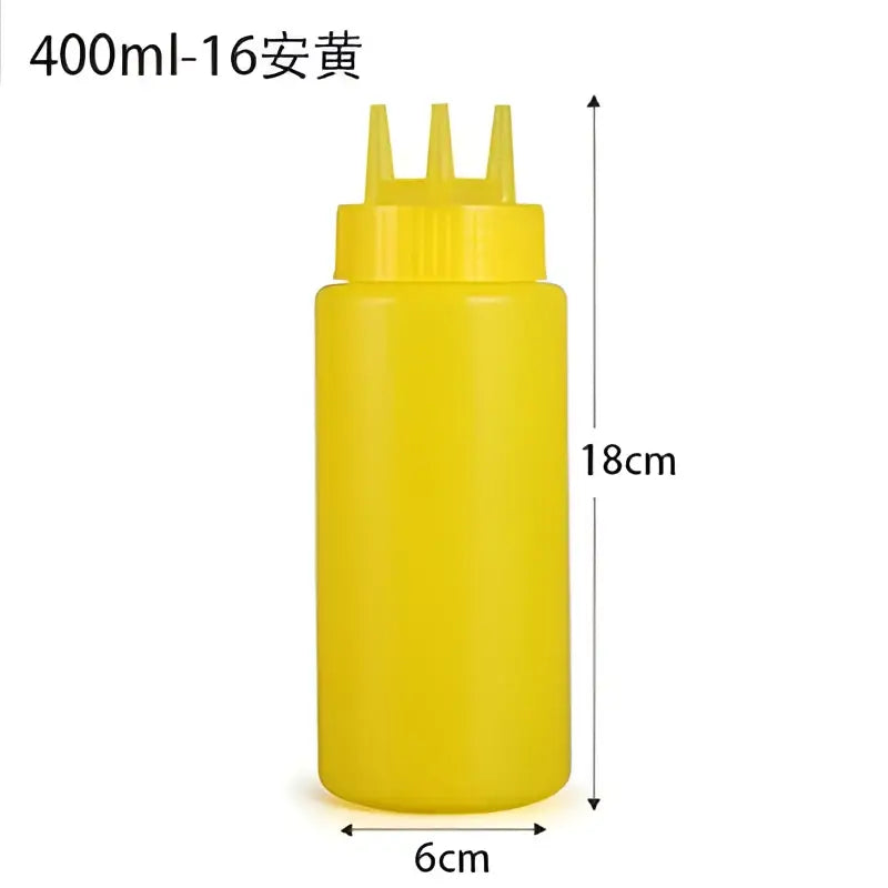 Yellow plastic condiment squeeze bottle with three prong cap from colorful multi prong squeeze bottle set decorbites