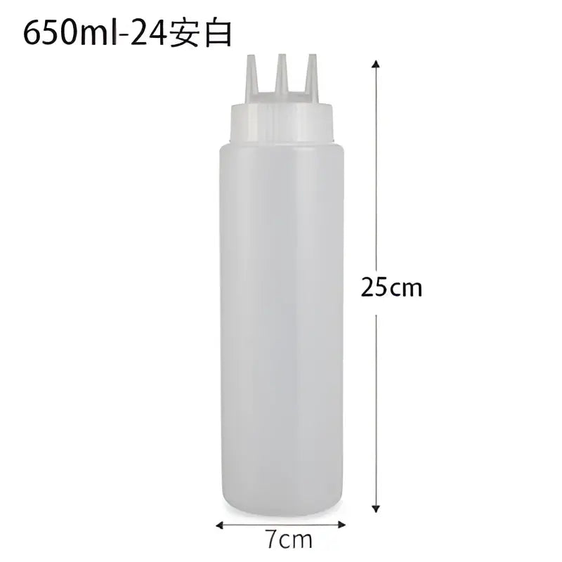 Transparent plastic decorbites condiment squeeze bottle with white three-pronged cap from colorful multi prong squeeze bottle set